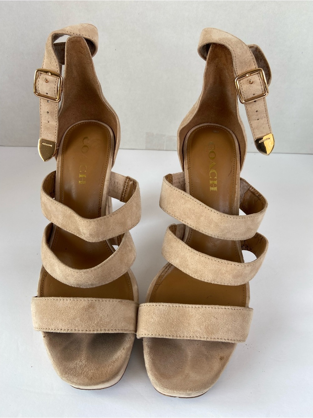 Vintage Coach Heels, Tan Suede Platform Block Heel Strappy Sandals size 9